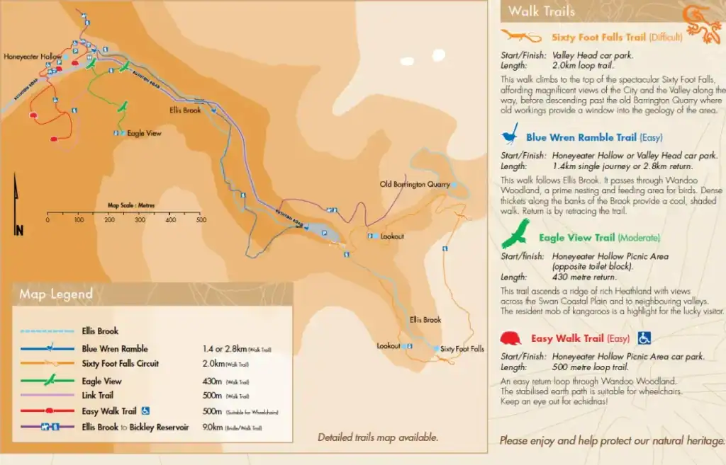 map of the trails at ellis brook valley including sixty foot falls
