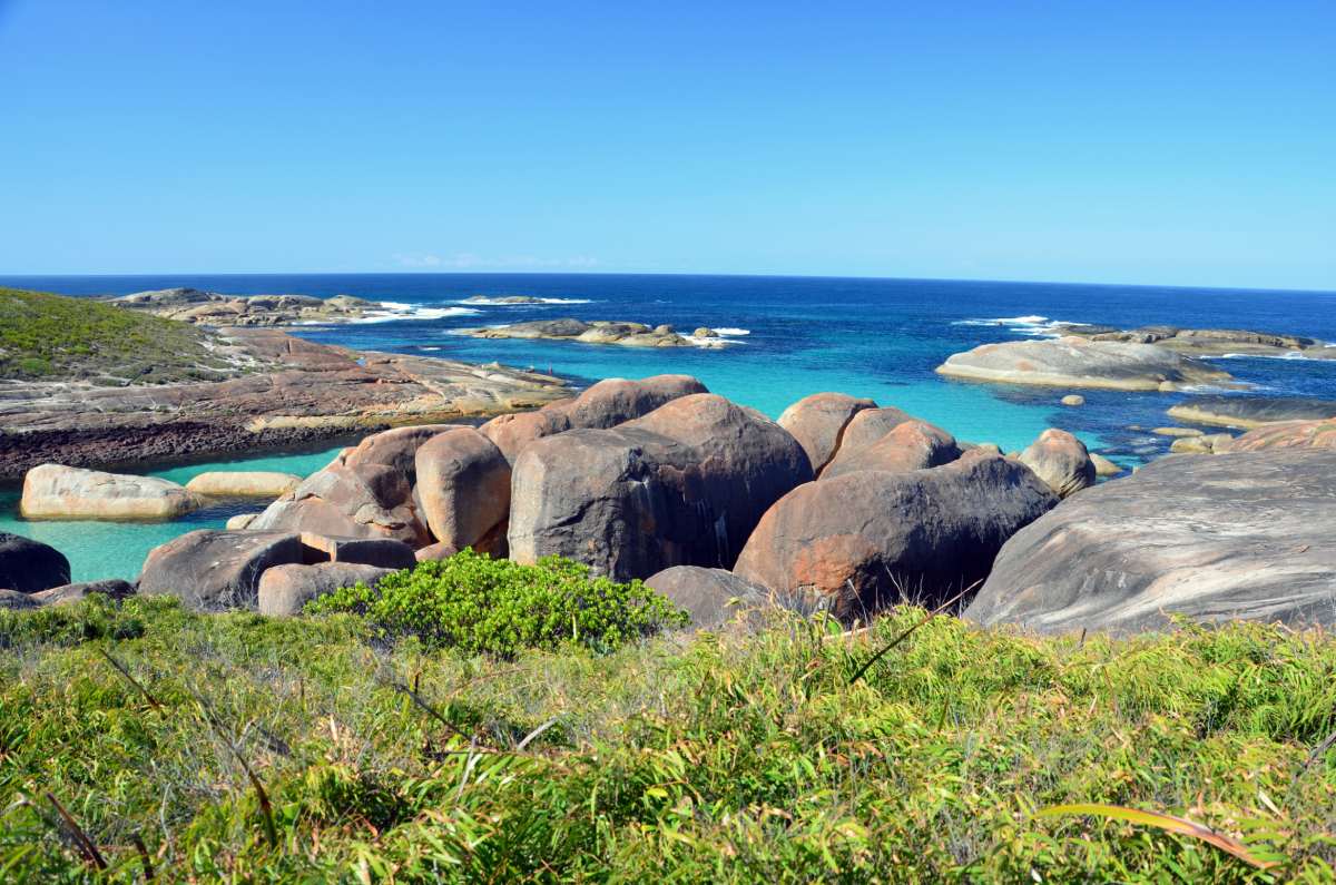 huge granite boulders that resemble elephants looking out to sea with turquoise water and green grass