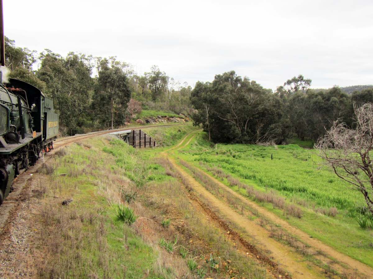 the hotham valley steam train passing through green lush fields