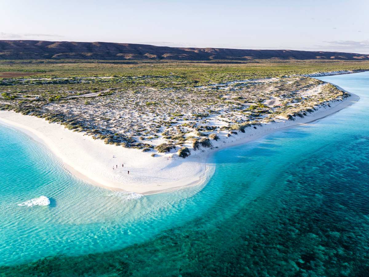 aerial view of a white sand beach and turquoise ocean