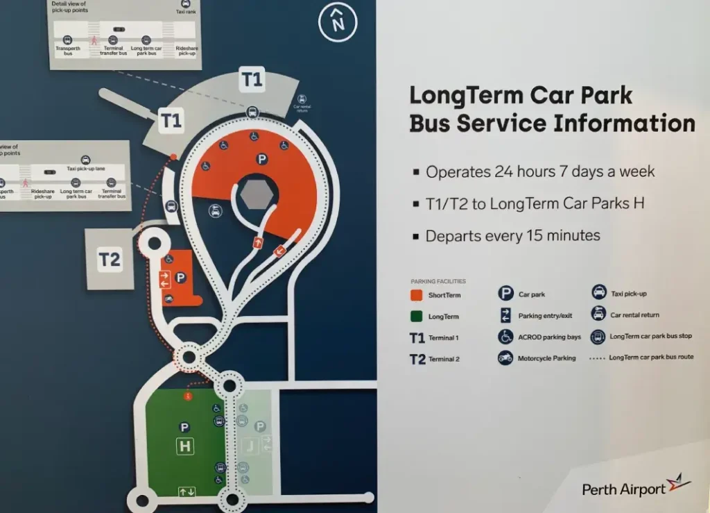 map of perth airport showing transfer bus route adn car parks