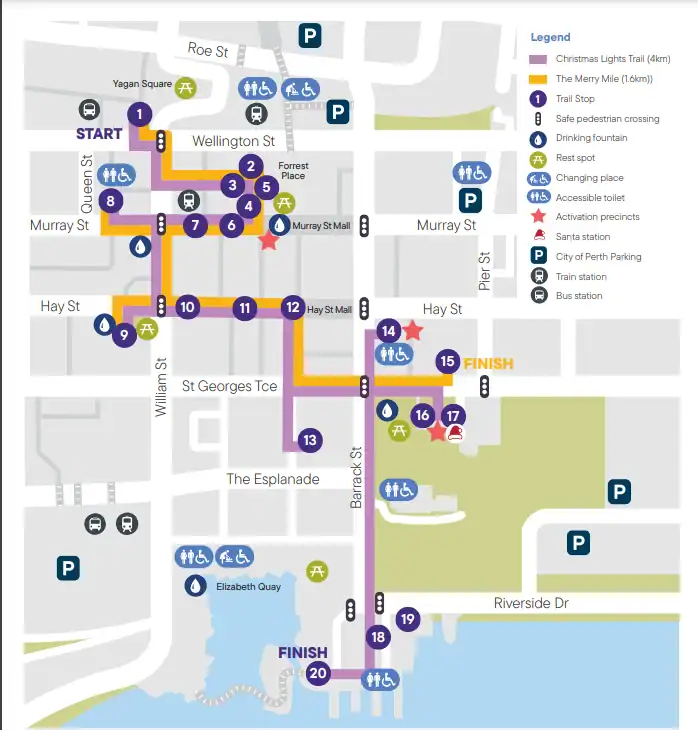 map of the perth city christmas lights trail showing where the decorations are