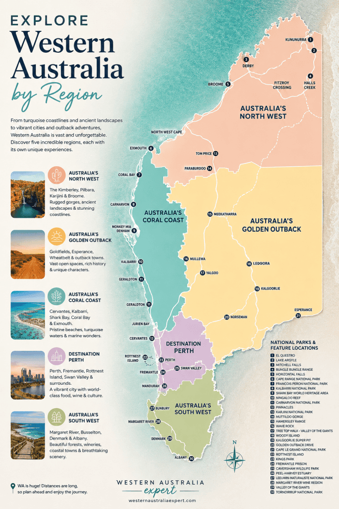Western Australia Regions: Where To Go & What To See 1 a map showing the tourism regions in western australia